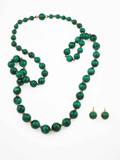 Demi-parure in oro giallo 750/1000 con malachite, collana ed orecchini