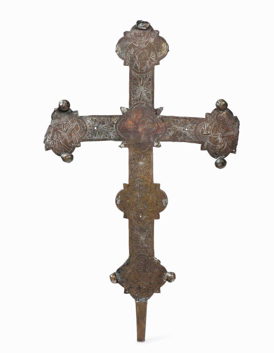 Croce Astile. Bronzo Fuso, Inciso e Dorato. Oreficeria Gotica Italiana, XV Secolo