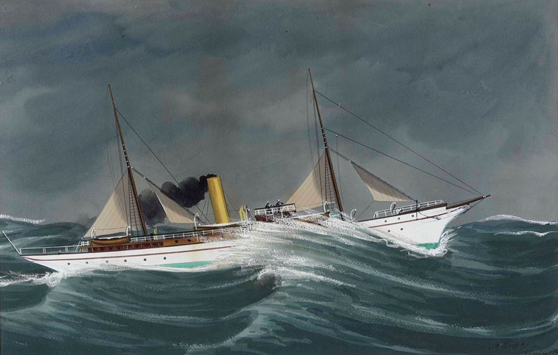 Scuola Italiana del XIX-XX secolo Ritratto di Steam Yacht  - gouache su carta - Asta Arte Marinara e Strumenti Scientifici - Cambi Casa d'Aste