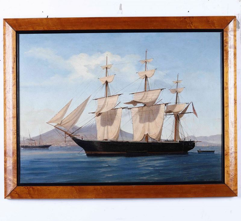 Tommaso De Simone : Ritratto di fregata a tre alberi  - olio su tela - Asta Arte Marinara - Cambi Casa d'Aste