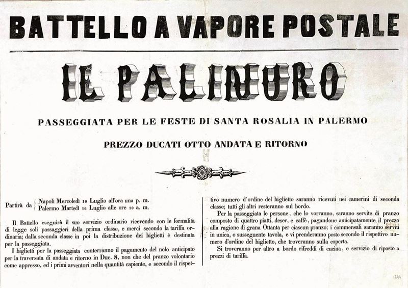 A.Reckziegel : “Battello a Vapore Postale il Palinuro – Passeggiata per le Feste di Santa Rosalia a Palermo”  - Auction Vintage Posters - Cambi Casa d'Aste