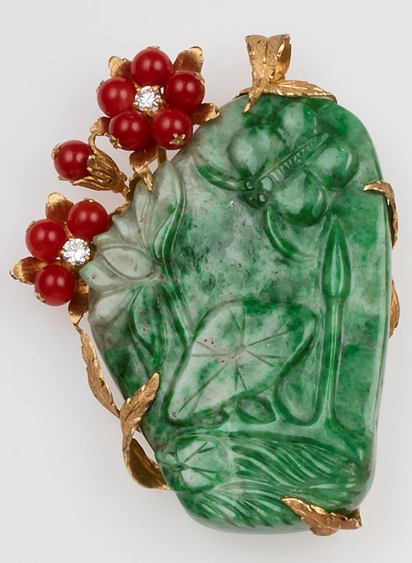 Carved jadeite, coral and diamond pendant