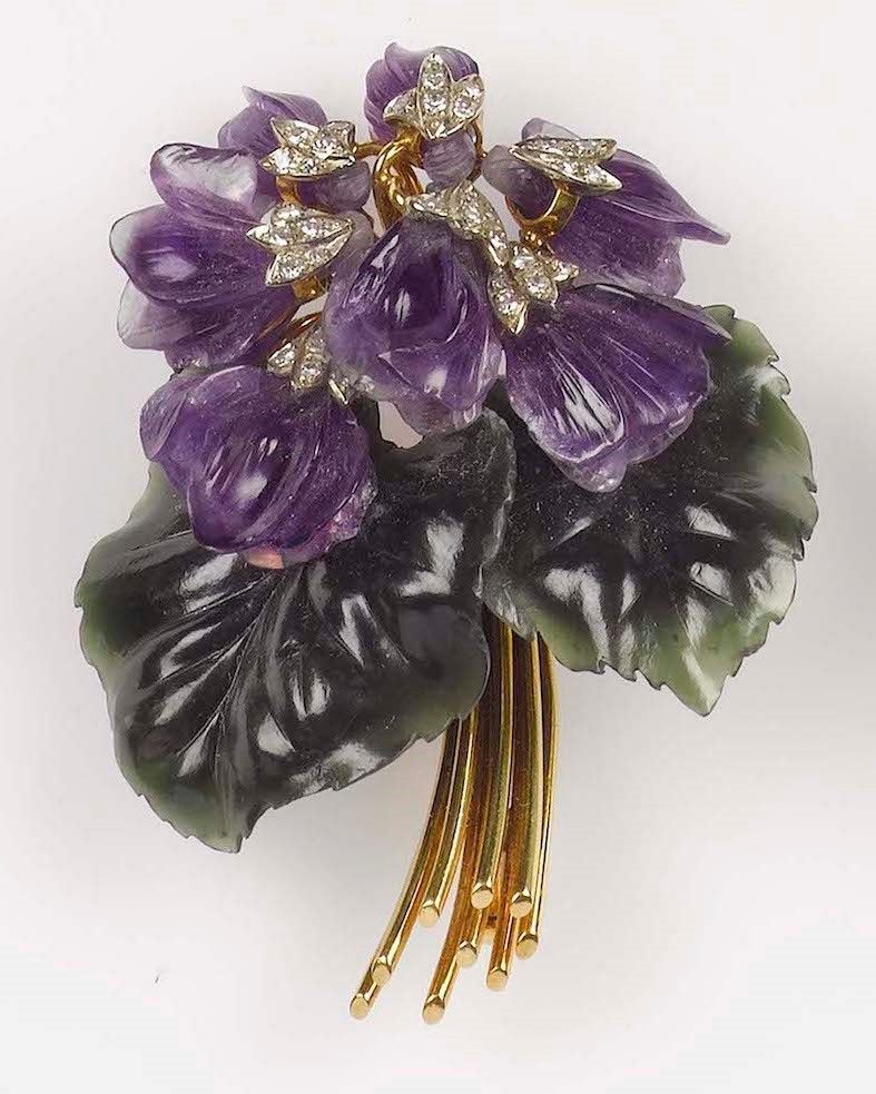 Nephrite, amethyst and diamond brooch  - Auction Fine Jewels - Cambi Casa d'Aste