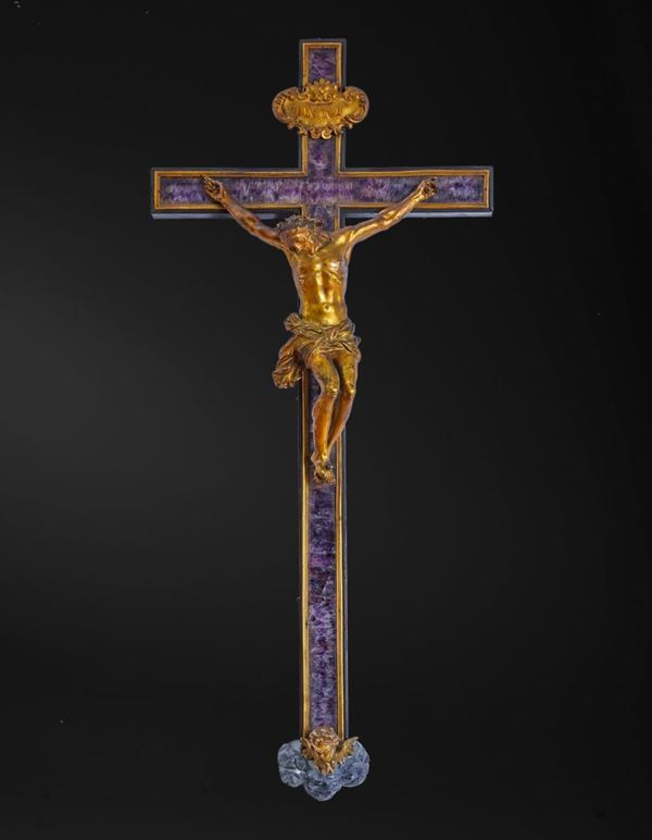 Croce da meditazione. Bronzo fuso, dorato e cesellato, ametista e palissandro. Manifatture granducali. Oreficeria barocca fiorentina XVII-XVII secolo