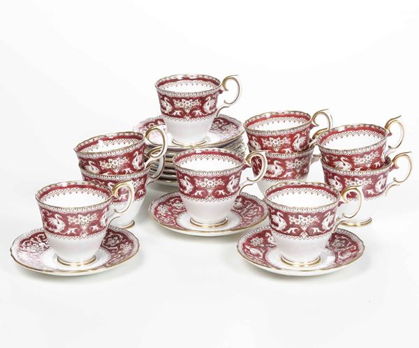 Dieci tazze da caffè con piattini "Ellesmere" Inghilterra, Staffordshire, Manifattura Crown, dopo il 1930