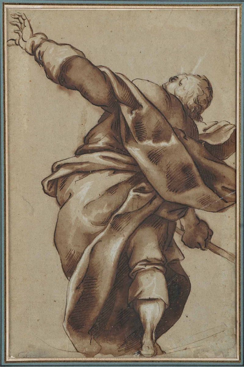Scuola lombarda del XVII secolo Figura di apostolo  - penna e acquerello bruno su carta - Auction Drawings - II - Cambi Casa d'Aste