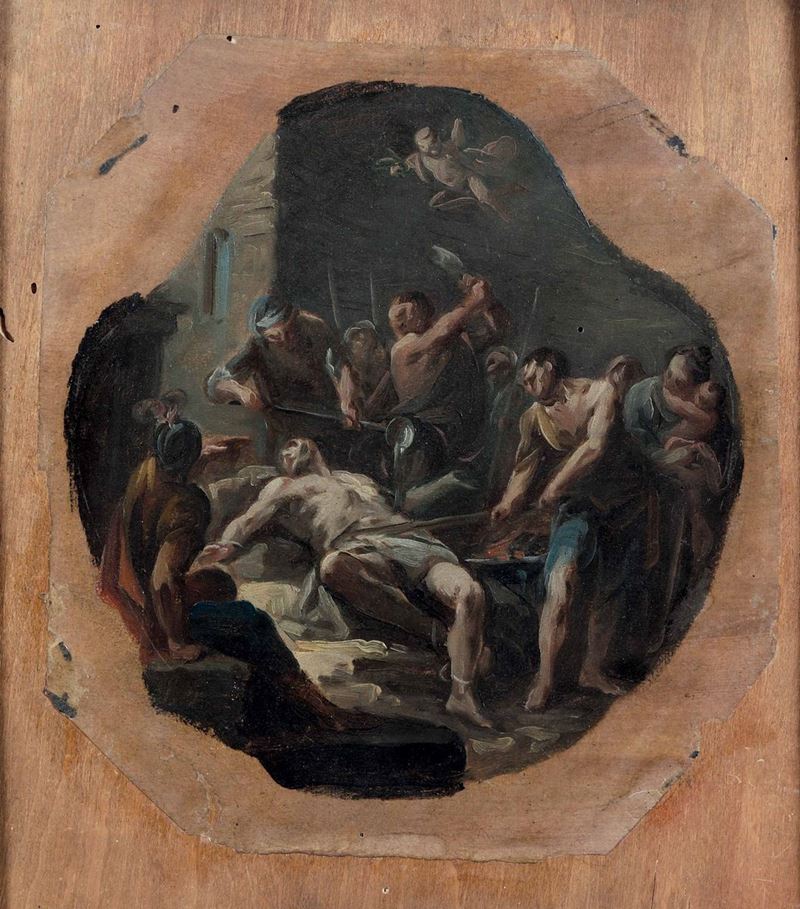 Scuola lombarda del XVIII secolo Martirio di San Lorenzo  - olio su carta applicata su tavoletta - Asta Dipinti Antichi - I - Cambi Casa d'Aste