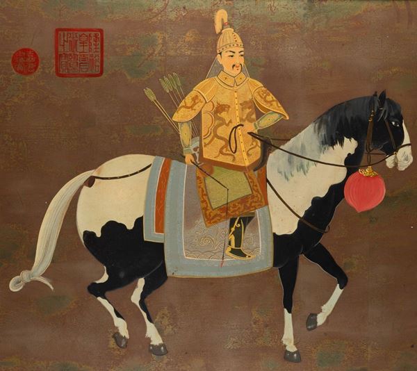 Pannello in legno laccato e dorato raffigurante cavaliere e iscrizioni, Cina, XX secolo