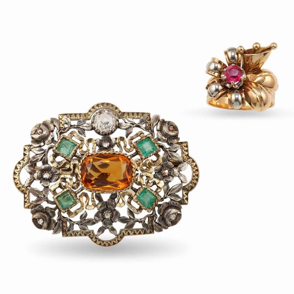 Gem-set, gold and silver brooch and ring