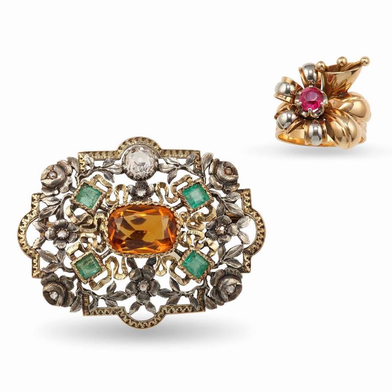 Gem-set, gold and silver brooch and ring  - Auction Jewels | Cambi Time - Cambi Casa d'Aste