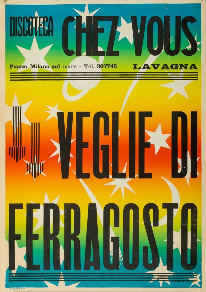 A.Reckziegel : Discoteca Chez Vous Lavagna e Veglie di Ferragosto  - Auction Vintage Posters | Timed Auction - Cambi Casa d'Aste