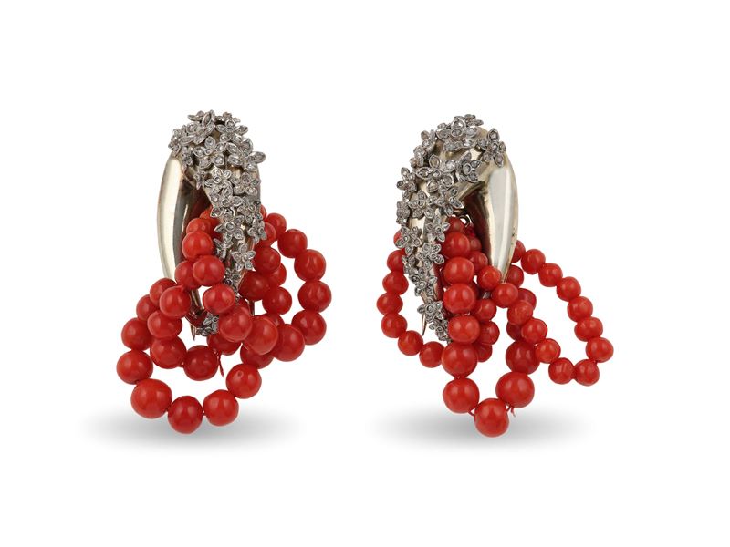 Coral, diamond and platinum clips  - Auction Fine and Coral Jewels - Cambi Casa d'Aste
