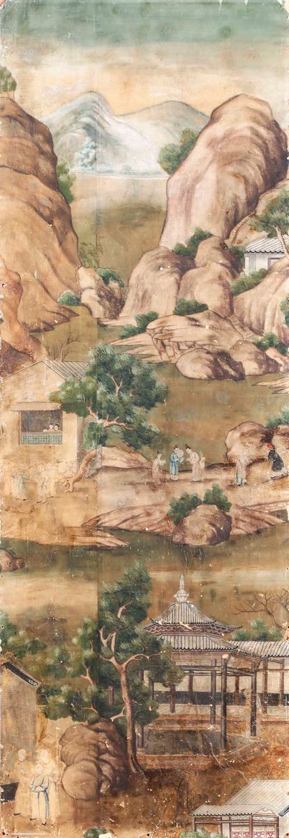 Tre Grandi Dipinti su Carta Raffiguranti Paesaggio con Scene di Vita Comune, Cina, Dinastia Qing,...