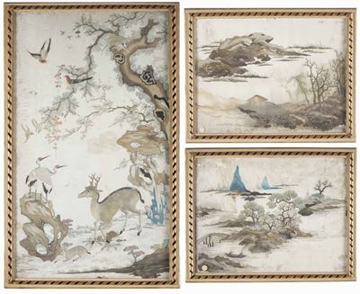 Serie di Tre Dipinti con Paesaggi in Tecnica Mista. Cina, XIX-XX Secolo