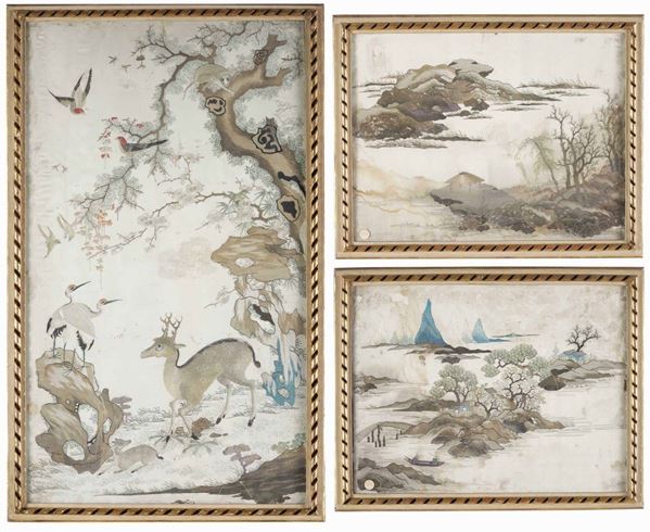 Serie di tre dipinti con paesaggi in tecnica mista. Cina, XIX-XX secolo