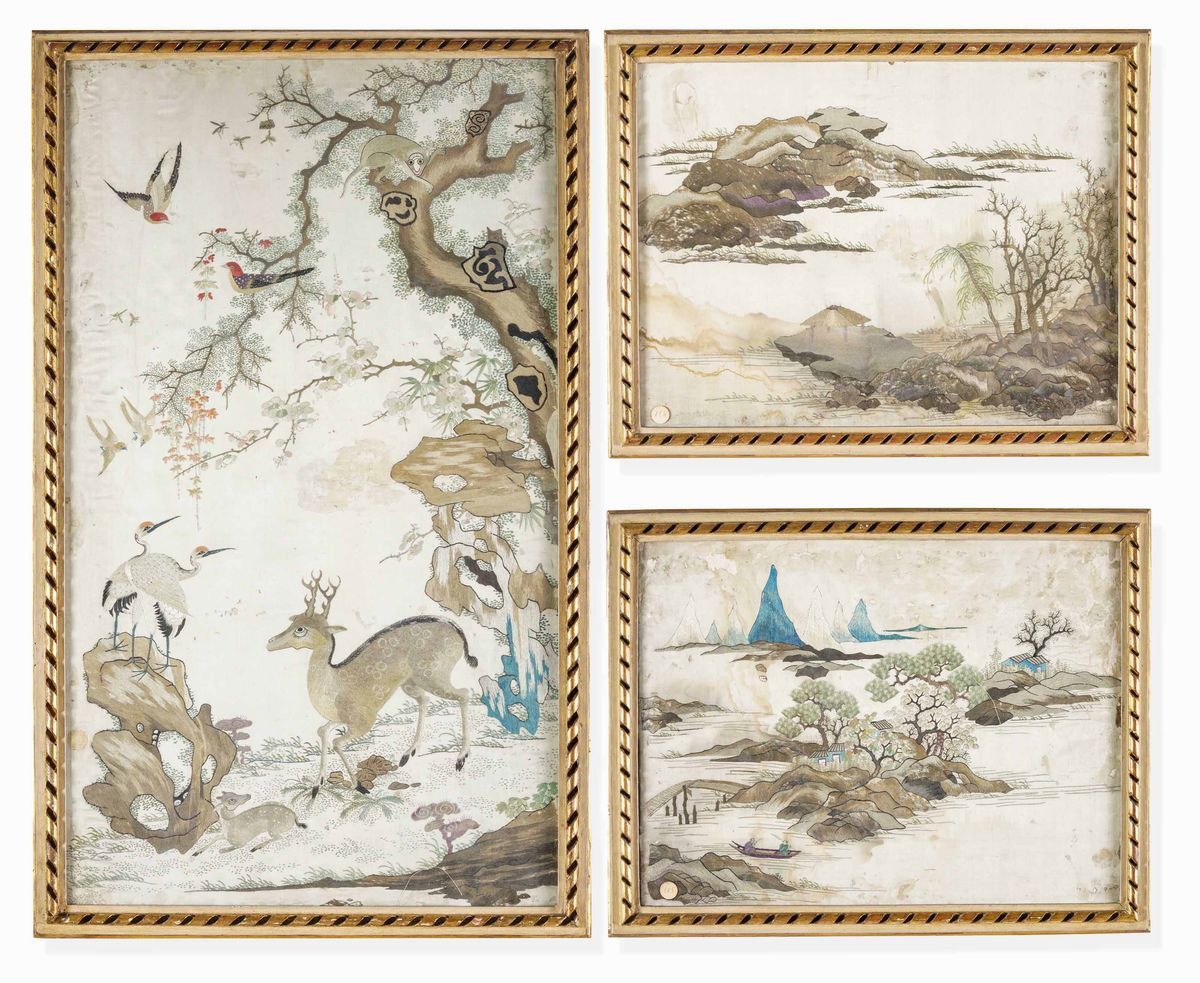 Serie di Tre Dipinti con Paesaggi in Tecnica Mista. Cina, XIX-XX Secolo