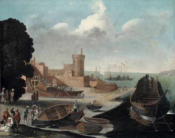 Agostino Tassi - Veduta con fortificazione e cantiere navale