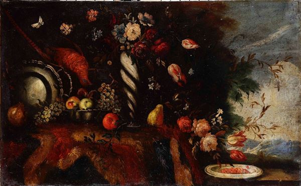 Nei modi della pittura del XVIII secolo Natura morta con trionfo di fiori, frutti e cacciagione