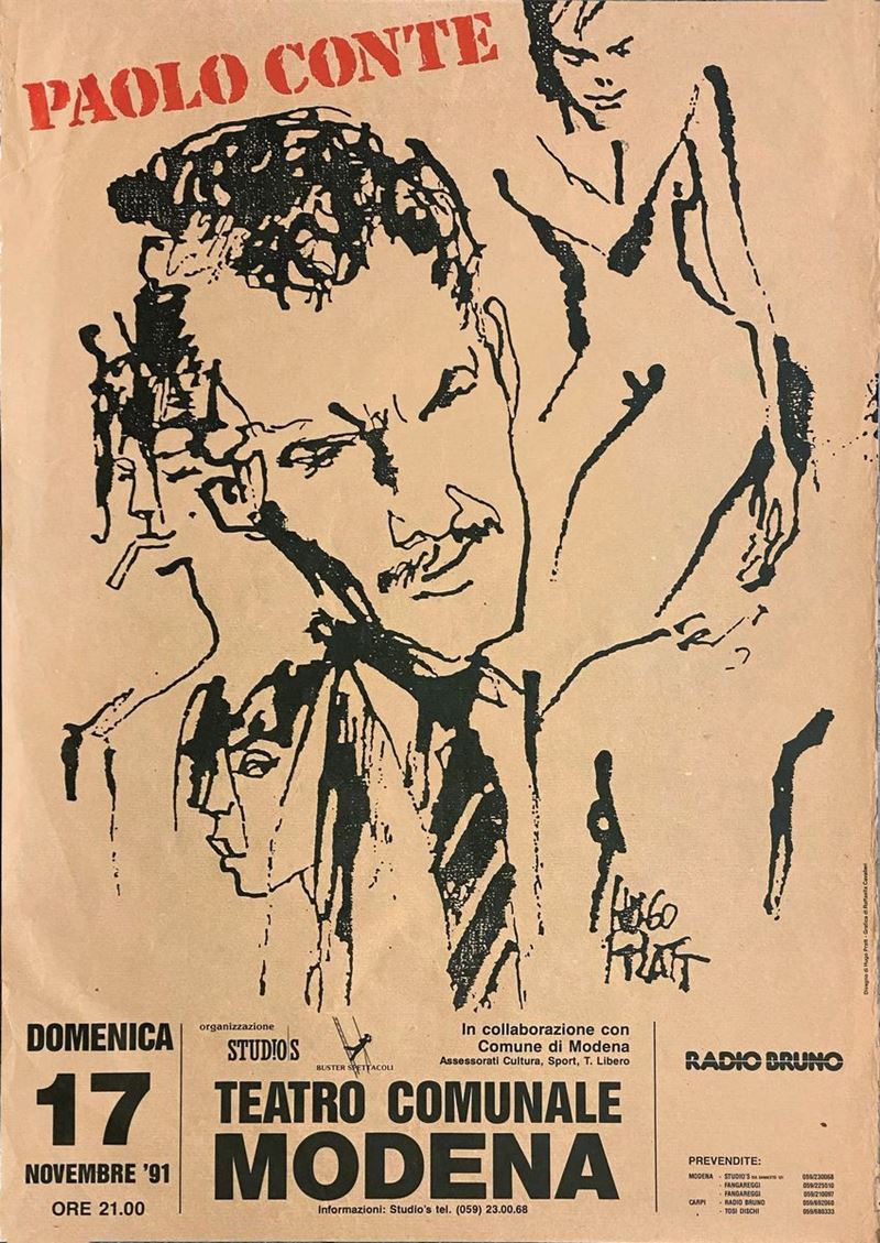 Hugo Pratt : PAOLO CONTE Modena 1991  - Asta Manifesti d'Epoca | Cambi Time - Cambi Casa d'Aste