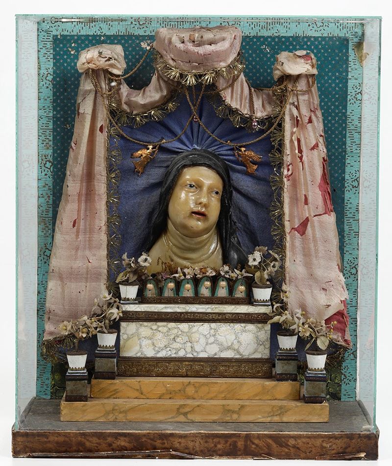Altarolo devozionale con figura di Santa in cera. XIX secolo  - Auction Sculptures - Cambi Casa d'Aste