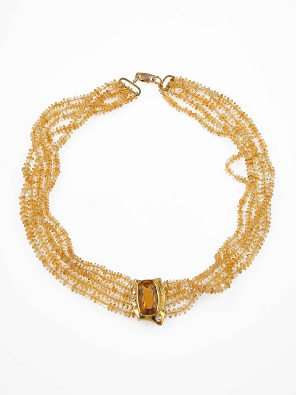 Citrine, diamond and gold necklace