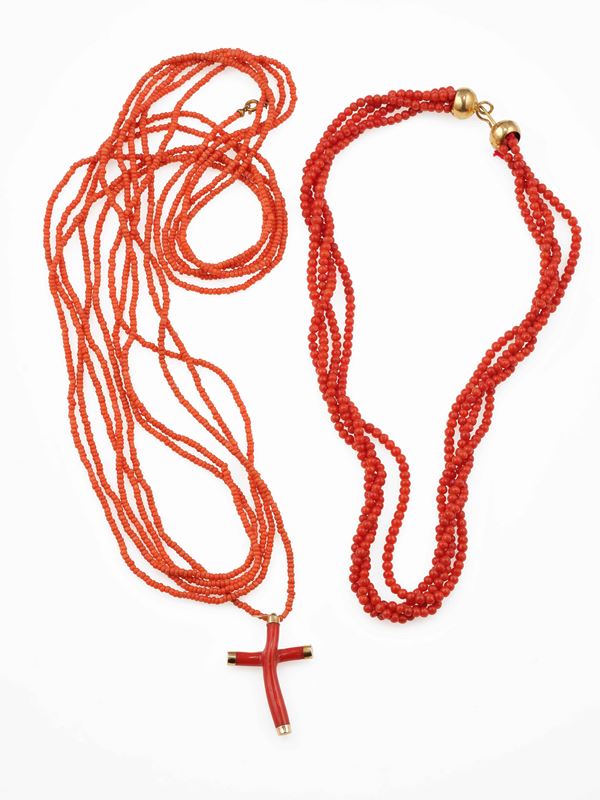 Coral sautoir with crucifix and multiple row necklace