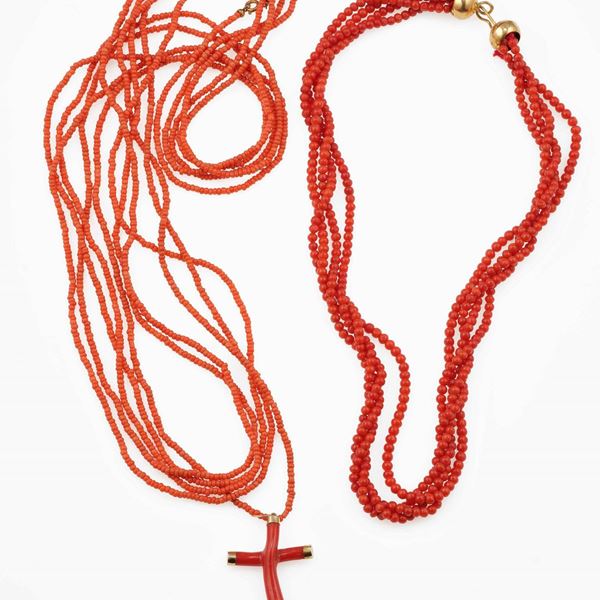 Coral sautoir with crucifix and multiple row necklace