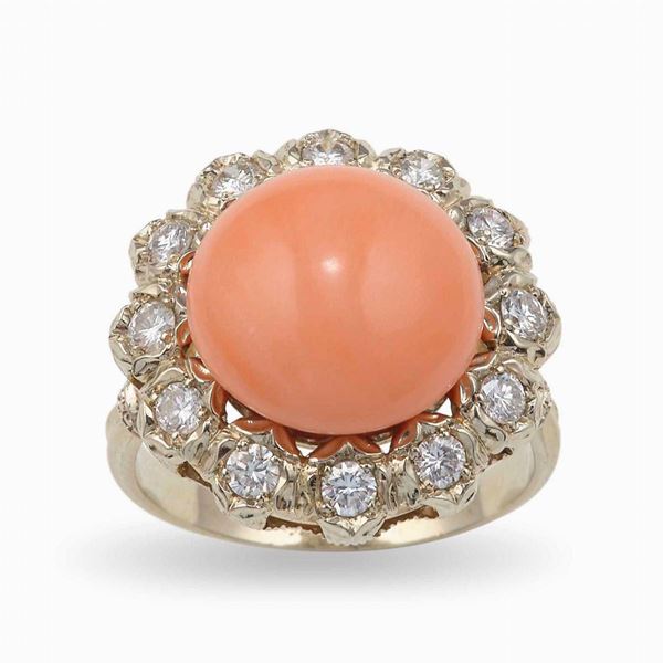 Coral and diamond cluster ring