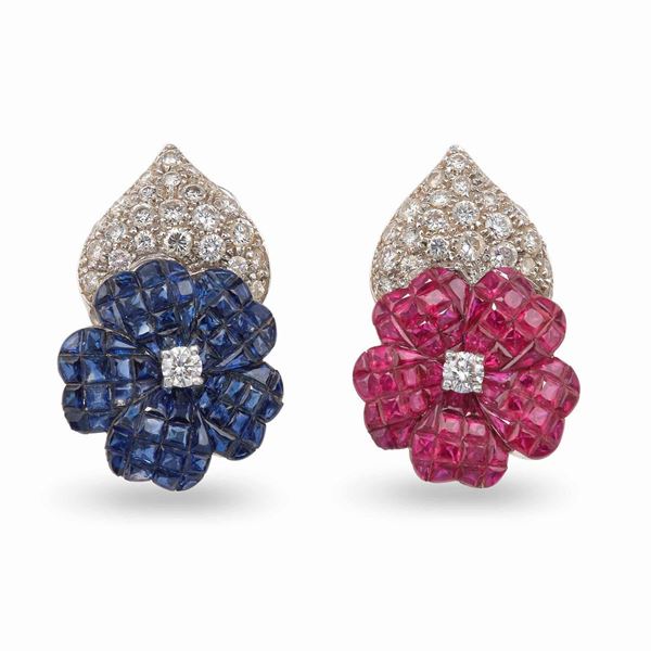 Pair of ruby, sapphire and diamond earrings. Signed Sabbadini