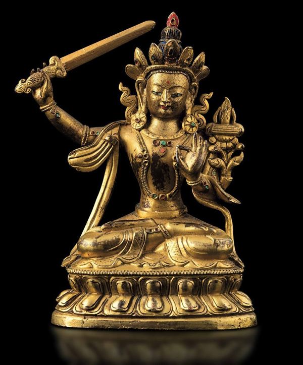 A gilt bronze Manjushri, China, Qing Dynasty