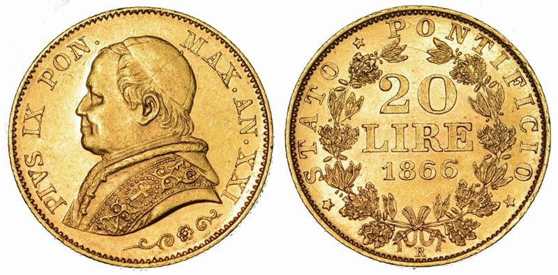 STATO PONTIFICIO. PIO IX, 1846-1878. 20 Lire 1866 A. XXI.  - Auction Numismatics - Cambi Casa d'Aste