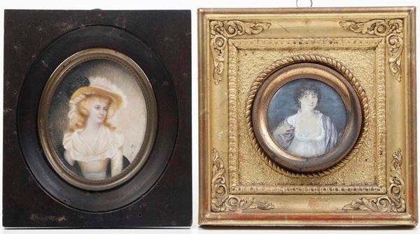 Lotto di due miniature raffiguranti ritratti femminili. XIX-XX secolo