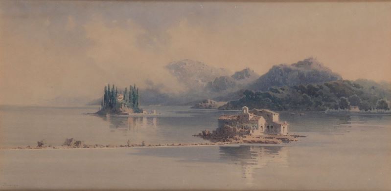 Angelos Giallina : Paesaggio lacustre  - acquerello su carta - Asta Dipinti del XIX e XX Secolo - Cambi Casa d'Aste