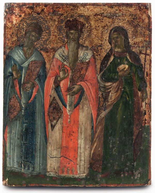 Tre Santi. Icona su tavola a fondo oro. Arte Russa del XVIII secolo