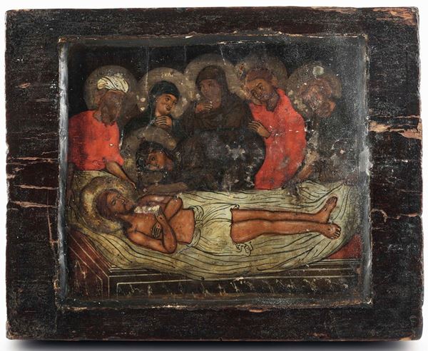 Compianto sul Cristo defunto. Icona su tavola. Arte Veneto-Cretese del XVII-XVIII secolo