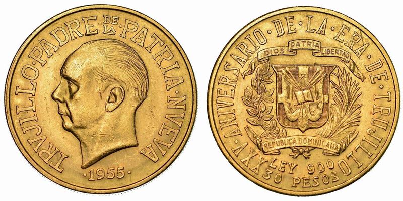 REPUBBLICA DOMINICANA. 30 Pesos 1955. Per il 25° Anniversario del regime di Trujillo.  - Auction Numismatics - Cambi Casa d'Aste
