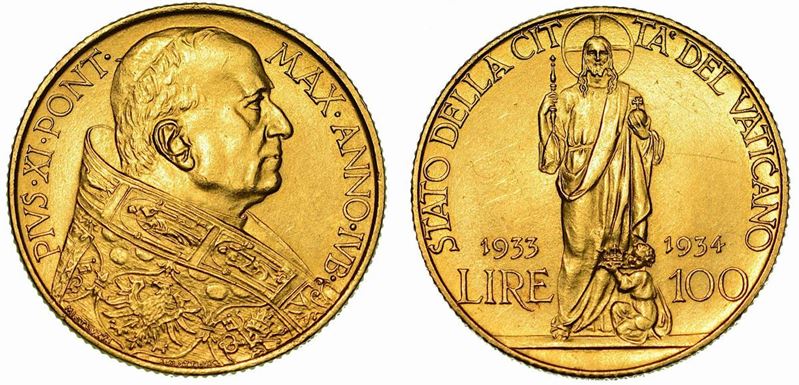 VATICANO. PIO XI, 1922-1939. 100 Lire 1933-1934.  - Auction Numismatics - Cambi Casa d'Aste
