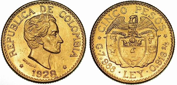 COLOMBIA. REPUBLIC. 5 Pesos 1928.