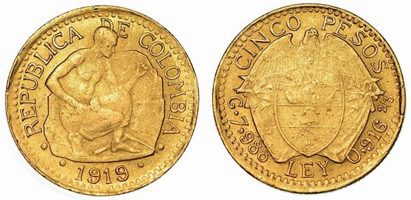 COLOMBIA. REPUBLIC. 5 Pesos 1919.
