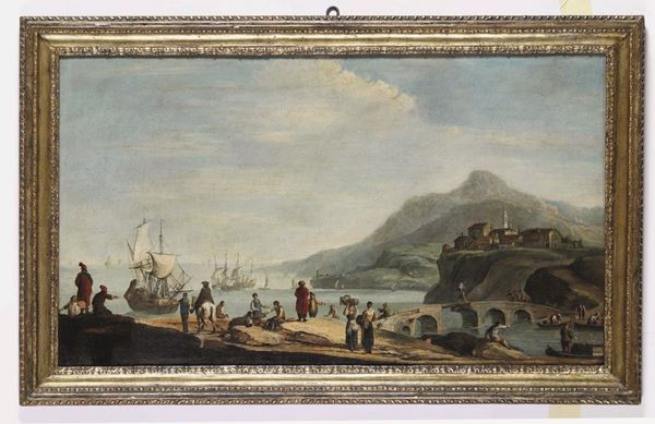 Veduta con ponte, imbarcazioni e personaggi sulla riva