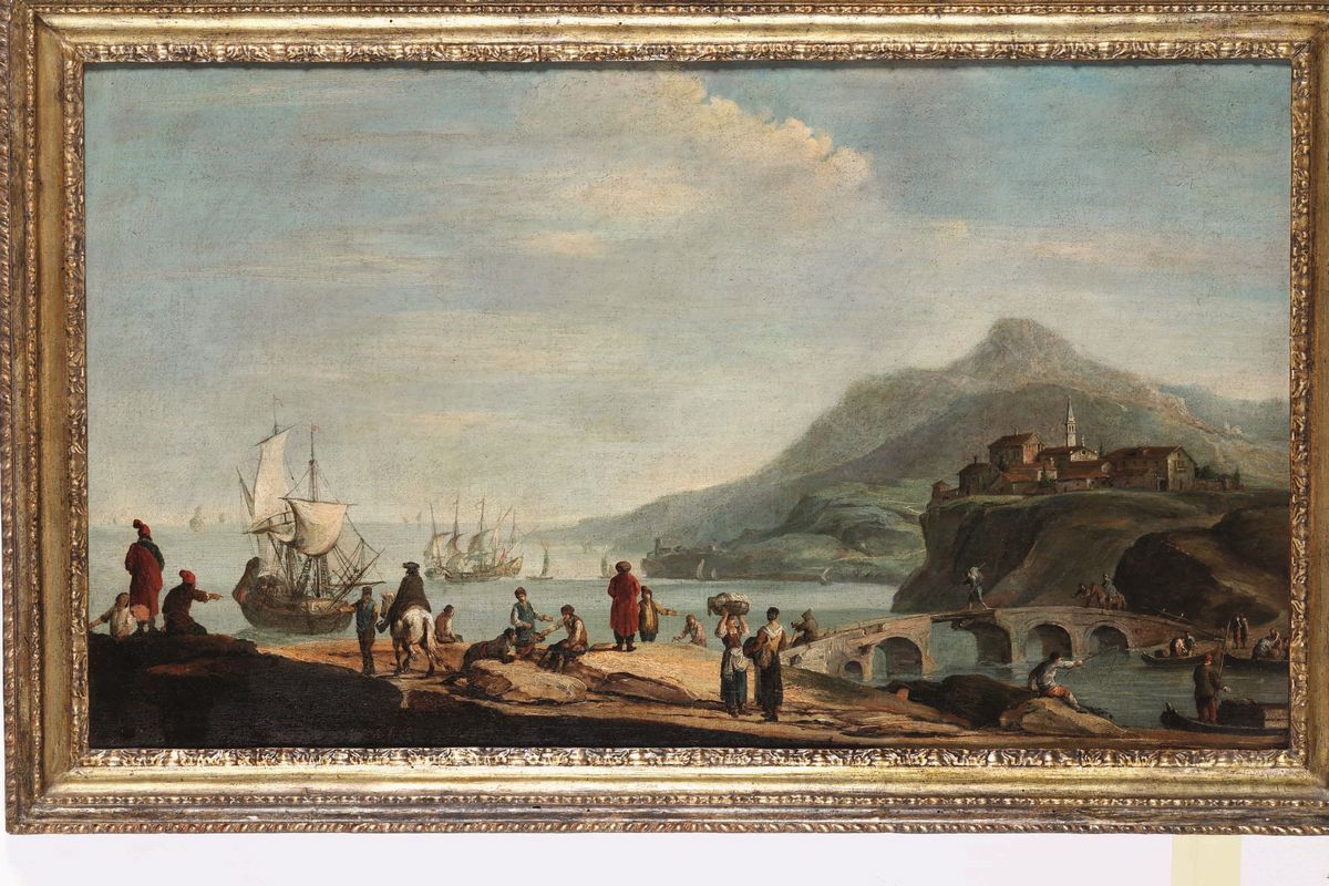 Francesco Simonini - Veduta con Ponte, Imbarcazioni e Personaggi sulla Riva