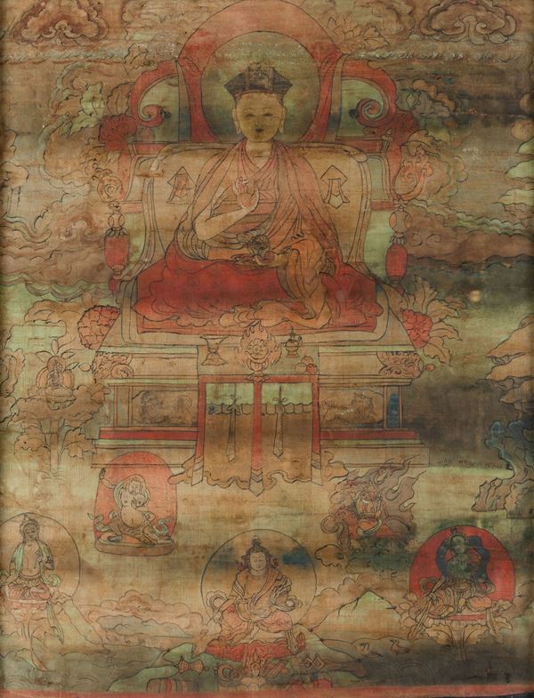 Thangka su seta raffigurante Lama centrale e altre divinità, Tibet, XVII secolo