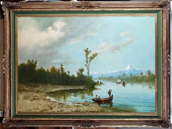 Scuola del XIX secolo Paesaggio con lago e pescatori