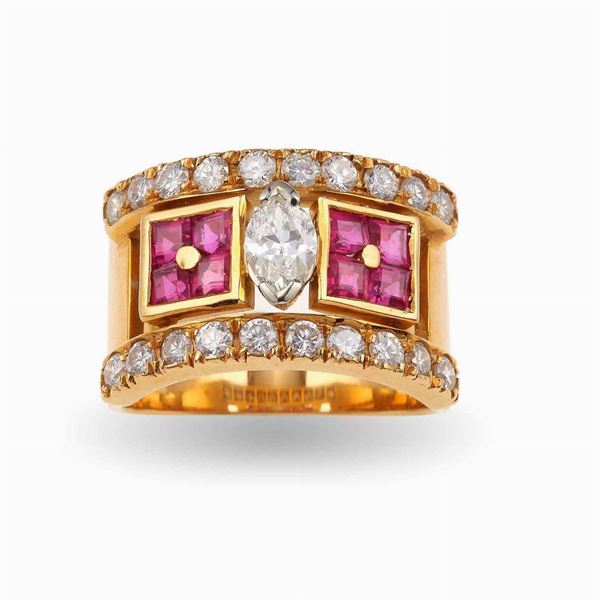 Diamond, ruby and gold ring