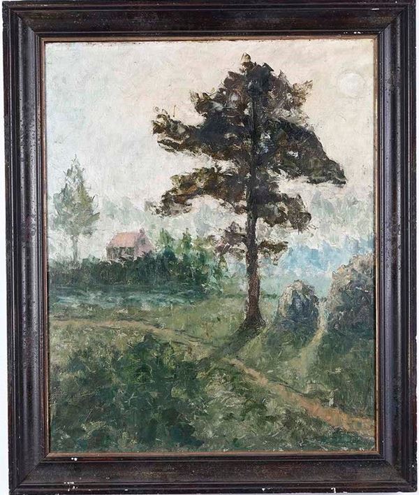 Pittore del XX secolo Paesaggio con albero e casa