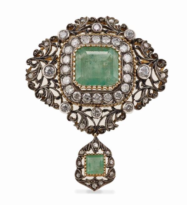 Emerald diamond, gold and silver brooch