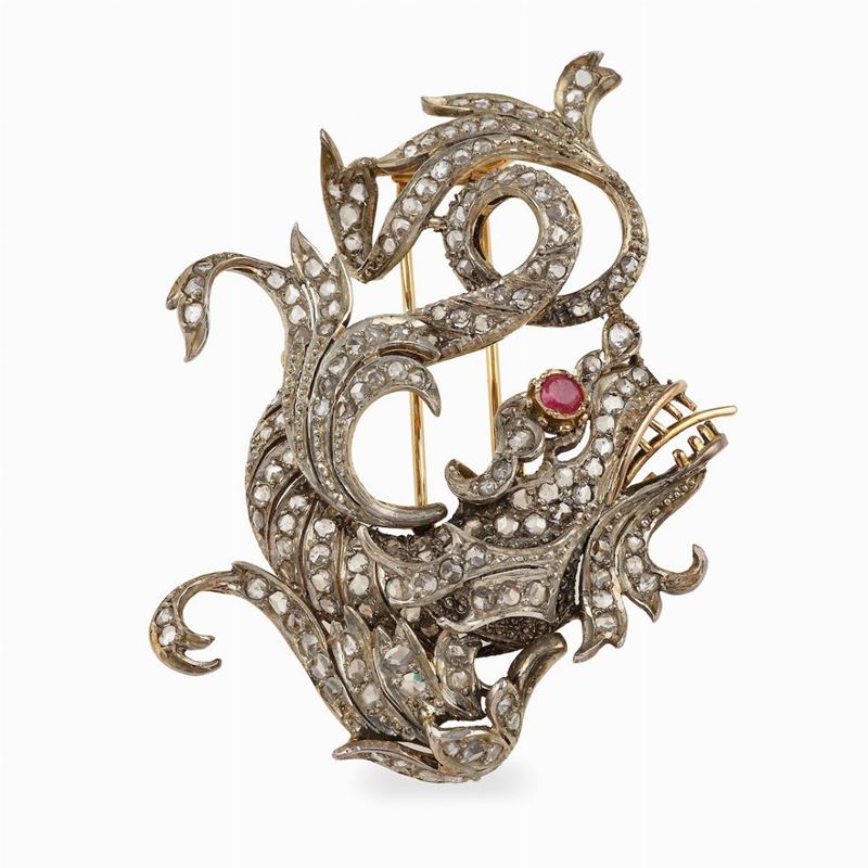 Rose-cut diamond, ruby, gold and silver brooch  - Auction Jewels - Cambi Casa d'Aste