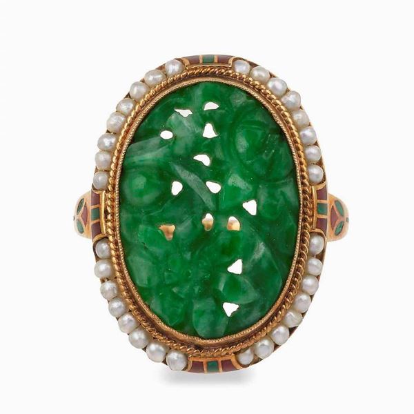 Carved greenstone, pearl, enamel and gold ring