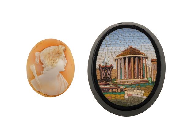 Group of one carved shell cameo and one micromosaic on semiprecious stone