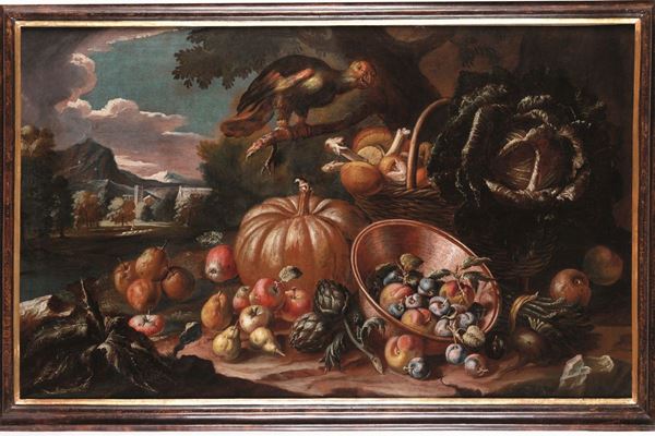 Scuola emiliana del XVIII secolo Natura morta con frutta, ortaggi e pappagallo